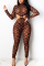 Brown Fashion Sexy Print Backless Half A Turtleneck Skinny Jumpsuits