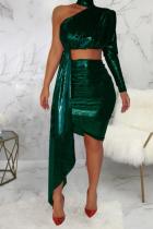 Green Fashion adult Sexy Two Piece Suits Solid Hot stamping Patchwork Long Sleeve Two-Piece Dre
