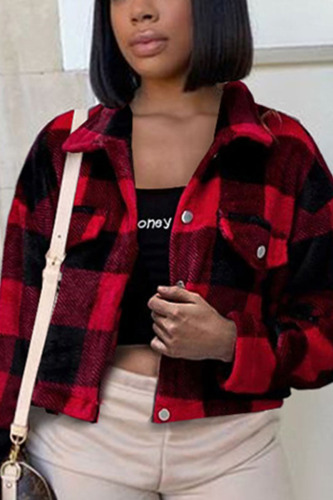 Red Casual Plaid Print Turndown Collar Tops