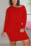 Red Fashion Casual Solid Basic Oblique Collar Long Sleeve Dress