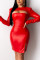 Red Fashion Sexy Solid Hollowed Out O Neck Long Sleeve Dress