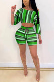 Green Sexy Fashion adult Patchwork Striped Print Two Piece Suits Straight Half Sleeve Two-Piece