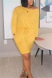 Yellow Fashion Casual Solid Basic Oblique Collar Long Sleeve Dress