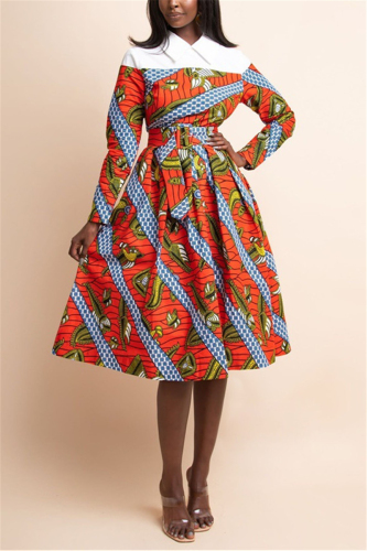 Red Fashion Patchwork Print Patchwork Turndown Collar Long Sleeve Dress