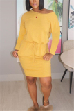 Yellow Fashion Casual Solid Basic Oblique Collar Long Sleeve Dress