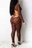 Brown Fashion Sexy Print Backless Half A Turtleneck Skinny Jumpsuits