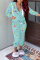 Sky Blue Casual Print Cardigan Hooded Collar Long Sleeve Two Pieces