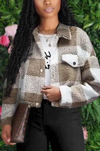 Brownness Casual Plaid Print Turndown Collar Tops