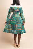 Blue Fashion Patchwork Print Patchwork Turndown Collar Long Sleeve Dress