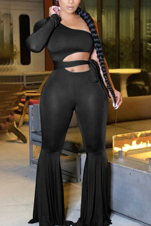 Black Sexy Solid With Belt One Shoulder Regular Jumpsuits
