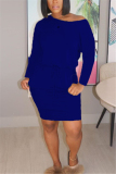 Blue Fashion Casual Solid Basic Oblique Collar Long Sleeve Dress