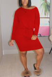 Red Fashion Casual Solid Basic Oblique Collar Long Sleeve Dress