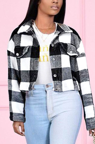 Black and white Casual Plaid Print Turndown Collar Tops