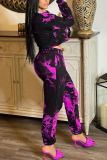 purple Casual Print O Neck Long Sleeve Two Pieces
