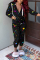 Black Casual Print Cardigan Hooded Collar Long Sleeve Two Pieces