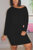 Black Fashion Casual Solid Basic Oblique Collar Long Sleeve Dress