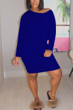 Blue Fashion Casual Solid Basic Oblique Collar Long Sleeve Dress