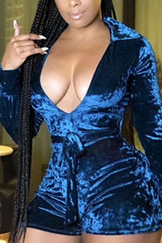 Blue Sexy Velvet Solid V Neck Skinny Rompers