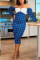 Blue Fashion Sexy Plaid Print Split Joint Strapless Printed Dress Dresses