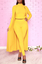 Yellow Work Solid Turtleneck Long Sleeve Two Pieces