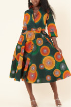 Green Fashion Casual Print Basic Turndown Collar Dress