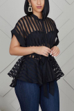Black O Neck Short Sleeve Striped Solid Patchwork Blouses & Shirts