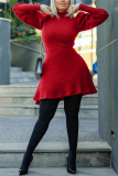 Red Fashion Casual Solid Basic Turtleneck Long Sleeve Dress