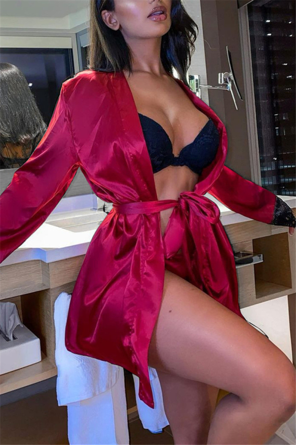 Red Sexy Solid Long Sleeve Pajamas