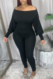 Black Fashion Casual Solid Basic Bateau Neck Long Sleeve Two Pieces