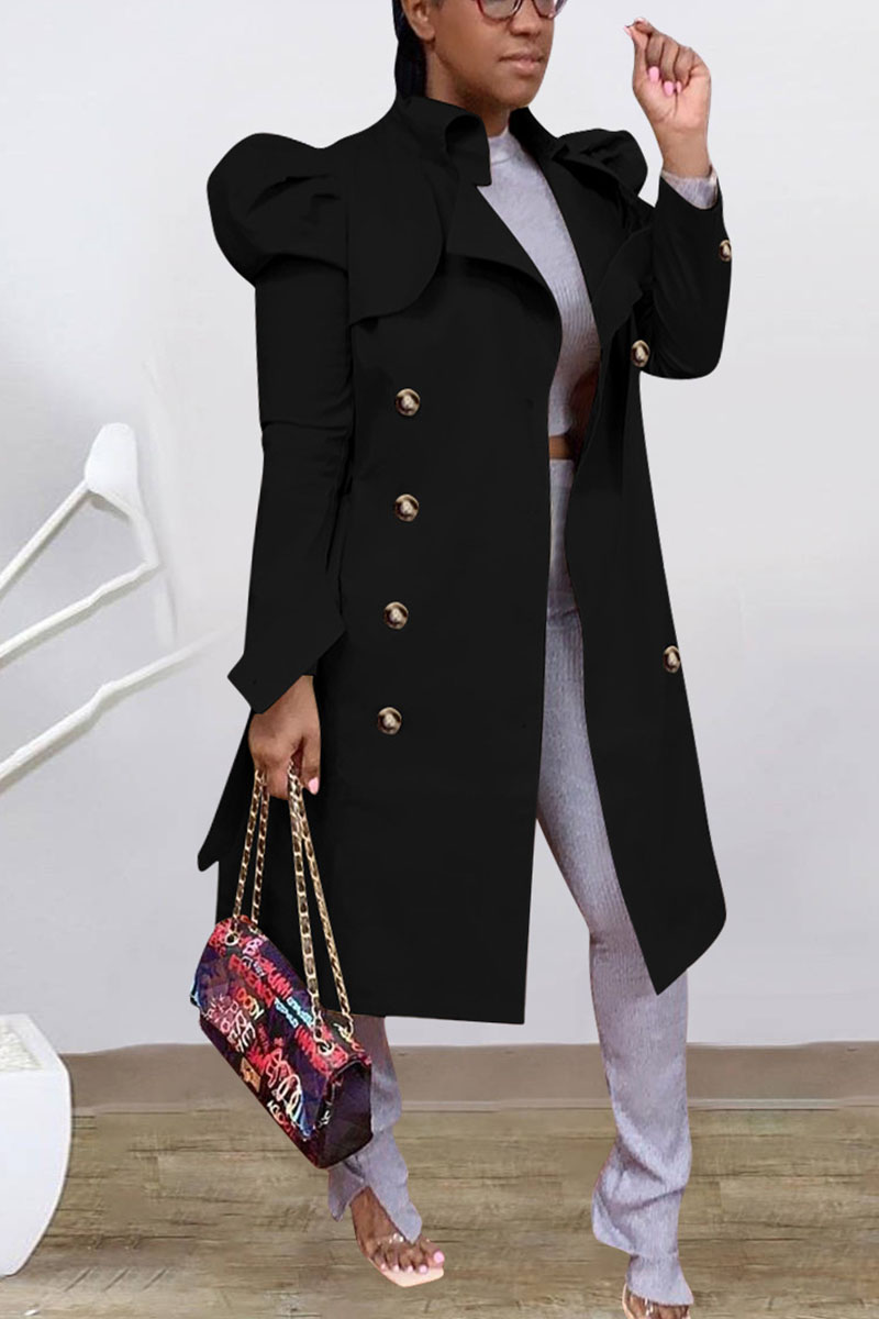 

Black Casual Solid With Belt Turndown Collar Outerwear