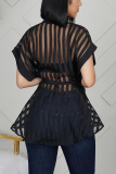 Black O Neck Short Sleeve Striped Solid Patchwork Blouses & Shirts