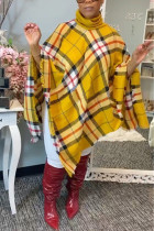 Yellow Fashion Casual Plaid Print Pullovers Turtleneck Tops