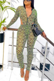 Green Sexy Print Patchwork See-through O Neck Regular Jumpsuits