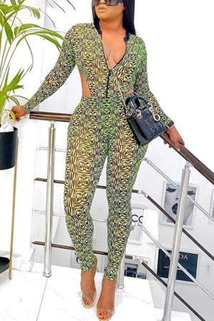 Green Sexy Print Split Joint See-through O Neck Regular Jumpsuits