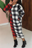 Red and black Fashion Casual Plaid Print Patchwork O Neck Printed Dress