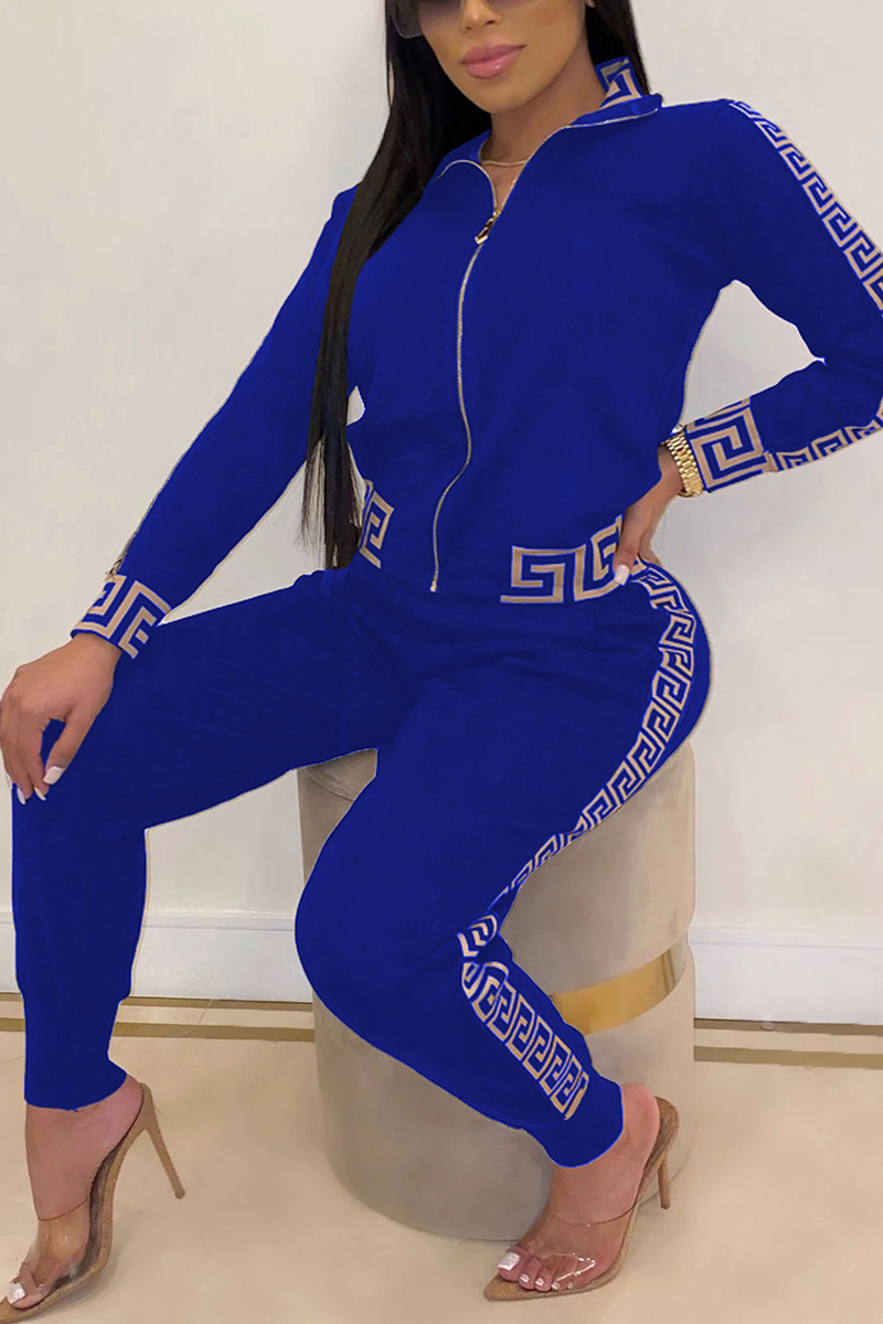 Fashion Casual Print Stitching Royal Blue Two-Piece Suit