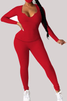 Red Fashion Casual Adult Polyester Solid Split Joint V Neck Long Sleeve Regular Sleeve Regular Two Pieces