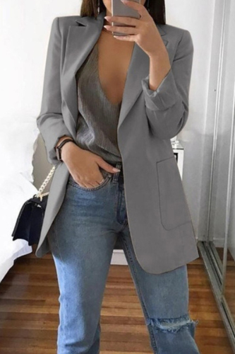 Dark Gray Fashion Casual Solid Cardigan Turndown Collar Plus Size Coats