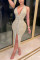 Apricot Fashion Sexy Patchwork Split Joint See-through Backless Halter A Line Dresses