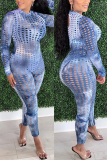 Blue Fashion Sexy Print Tie Dye Hollowed Out Tie-dye See-through O Neck Skinny Jumpsuits
