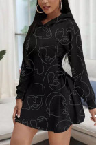 Black Fashion Casual Print Strap Design Hooded Collar Printed Dress