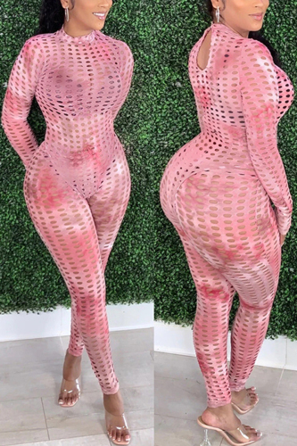 Pink Fashion Sexy Print Tie Dye Hollowed Out Tie-dye See-through O Neck Skinny Jumpsuits