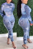 Grey Fashion Sexy Print Tie Dye Hollowed Out Tie-dye See-through O Neck Skinny Jumpsuits