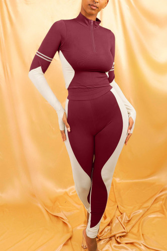 Red Sportswear Solid Patchwork Zipper Collar Long Sleeve Two Pieces