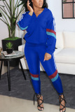 Royal blue Casual Patchwork Zipper Collar Long Sleeve Two Pieces