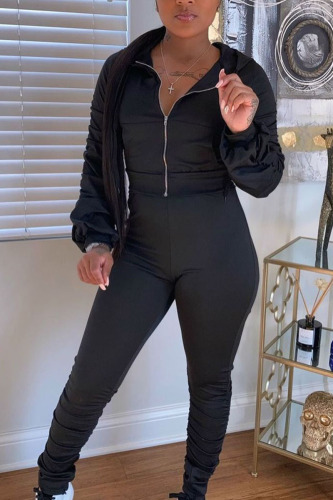 Black Sexy Twilled Satin Solid Fold Hooded Collar Long Sleeve Regular Sleeve Short Two Pieces