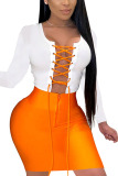 Orange Sexy Solid Patchwork O Neck Long Sleeve Mini Pencil Skirt Dresses