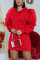 Red Fashion Casual Solid Split Joint Flounce O Neck Long Sleeve Dress