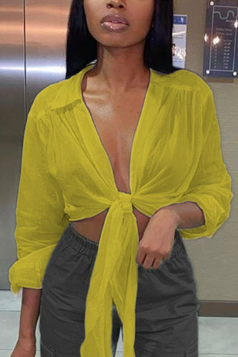 Yellow Fashion Sexy Solid Strap Design V Neck Tops