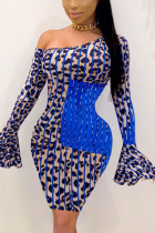 Blue Sexy Leopard Oblique Collar A Line Dresses